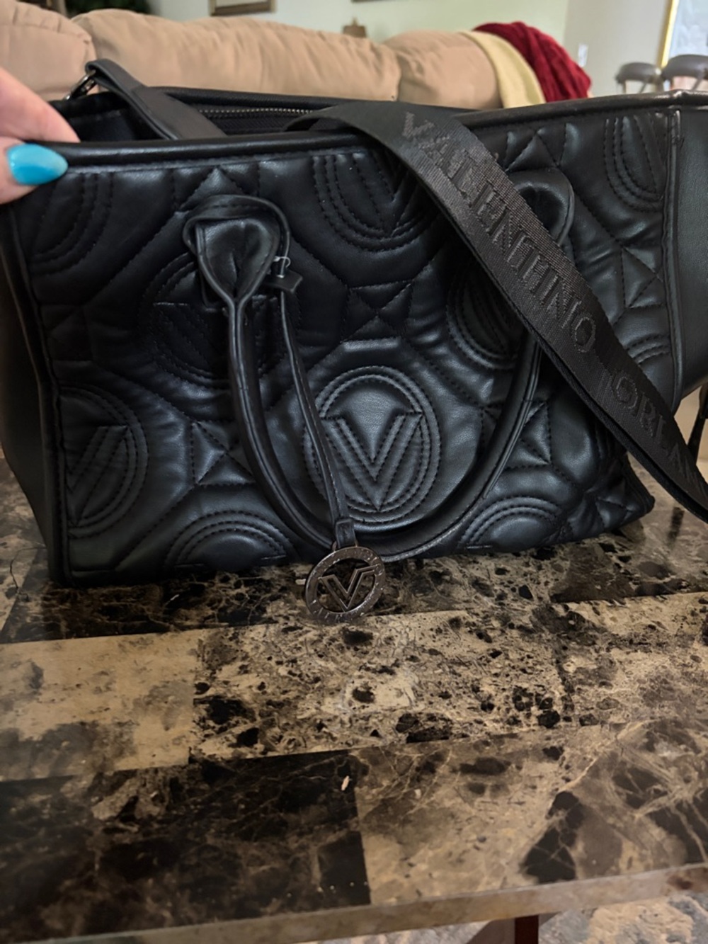 Valentino Black Quilted Leather Tote with Logo Medallion and Branded Strap